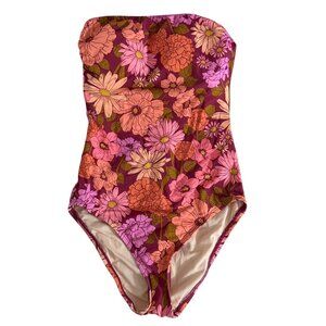 KONA SOL Orange and Pink Floral Strapless One Piece Swimsuit Size XS NWOT